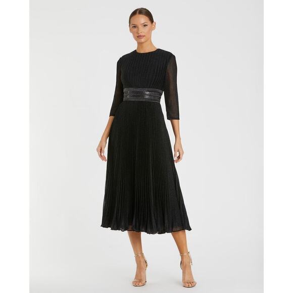 Mac Duggal Shimmering 3/4 Sleeve A-Line Midi Dress embellished waistline sz 16 - Picture 1 of 12